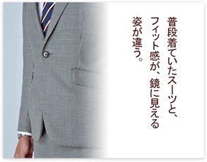 普段着ていたスーツと、フィット感が、鏡に見える姿が違う。